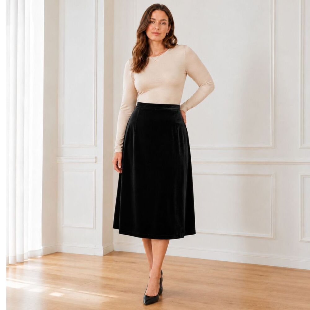 Ellen Tracy VTG Black Velvety Midi Skirt Size 14 Soft Flowy Chic Y2K